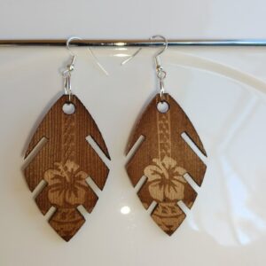 reclaimed wood polynesian earrings | engraved hibiscus & tapa pattern